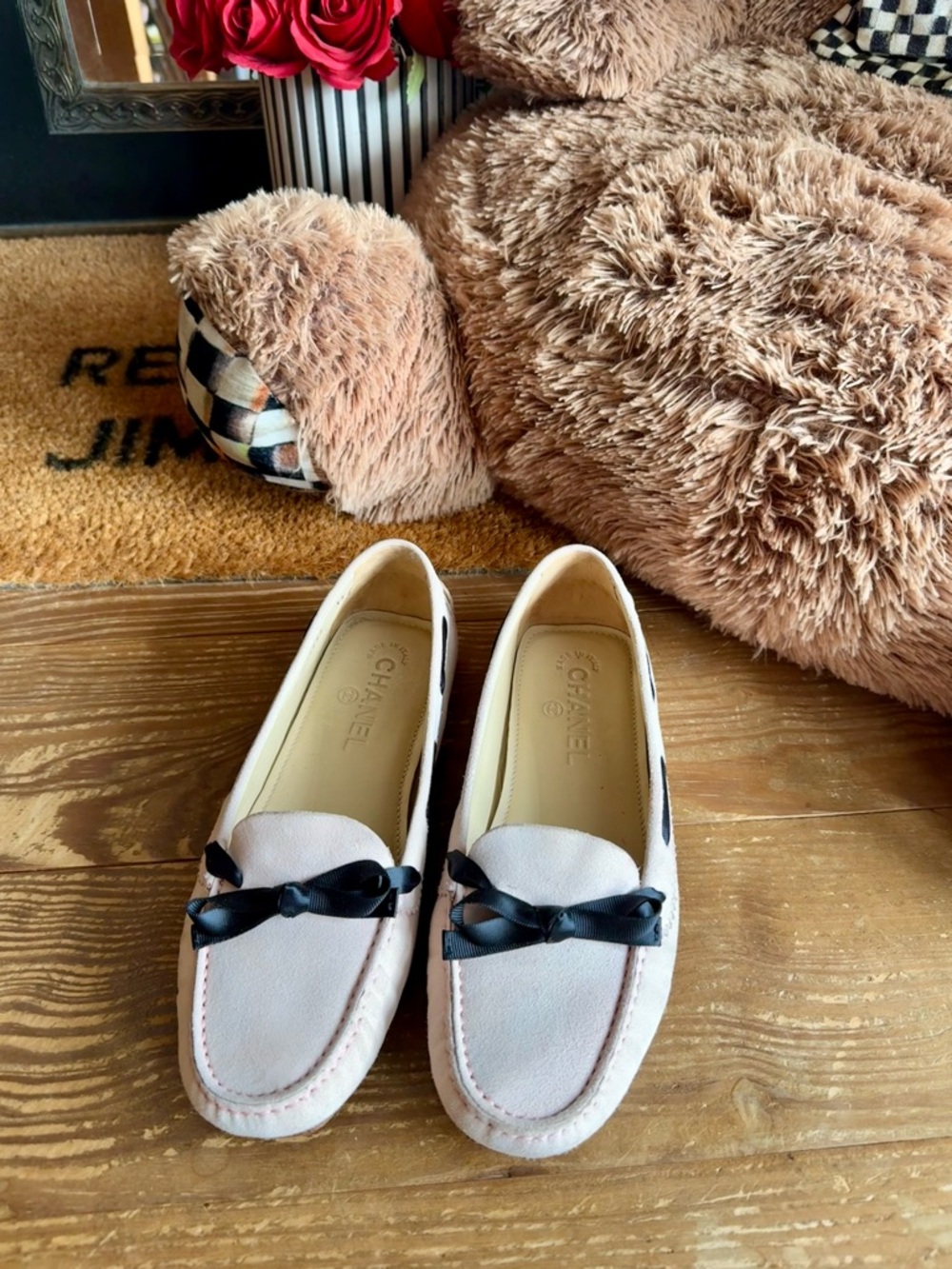 CHANEL Pale Pink Leather Suede Moccasin Ballet Flats with Black Bow Trim